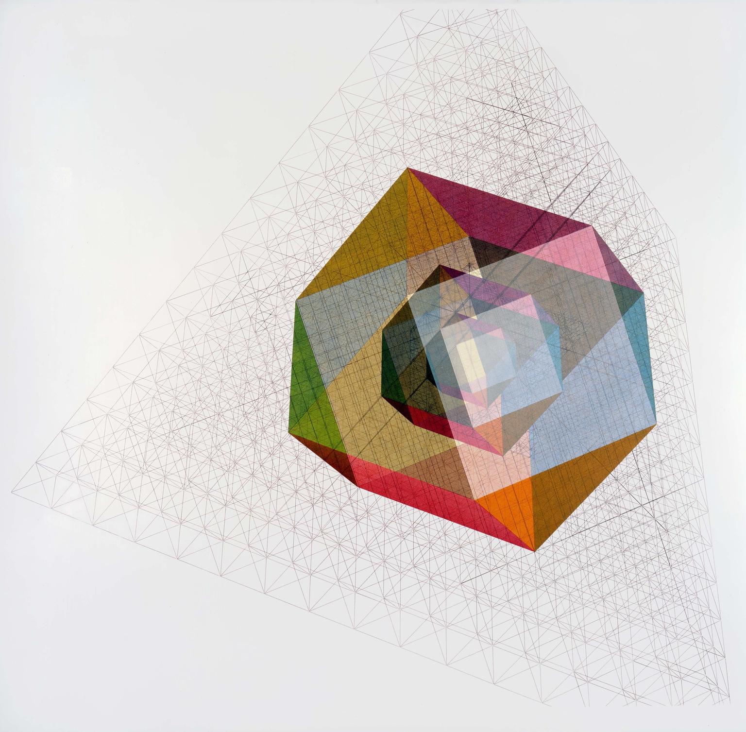 Image for entry 'Chrome 175  POLYTRANSPARENCY A: Oblique View of Cuboctahedrons Inherent in the 16-Frequency Tetrahedron'