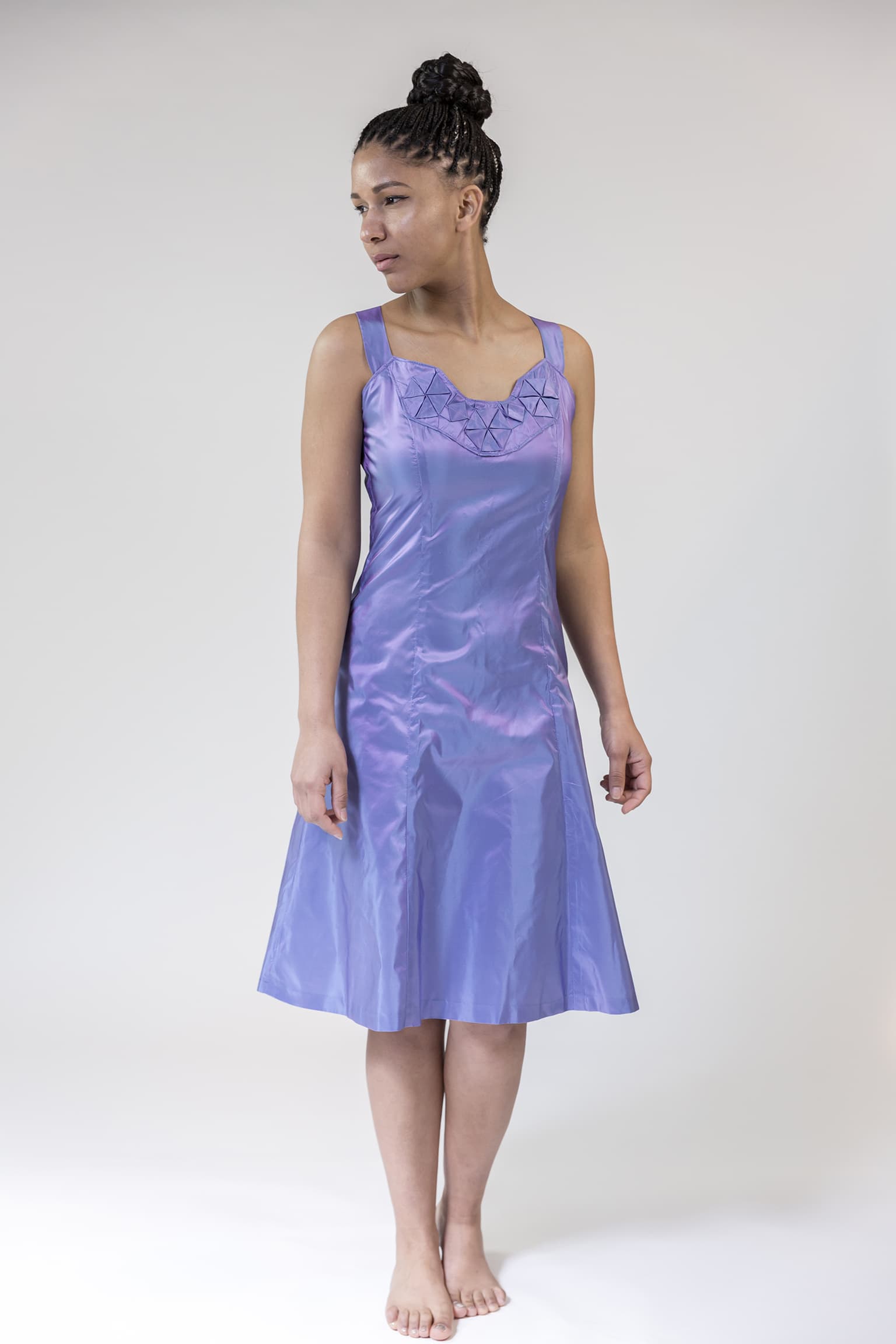 Image for look 'Blue skirt, Lilac gown, Fuchsia gown, Black and golden dress, White shawl, Ocher yellow skirt, Wedding dress, Green top'