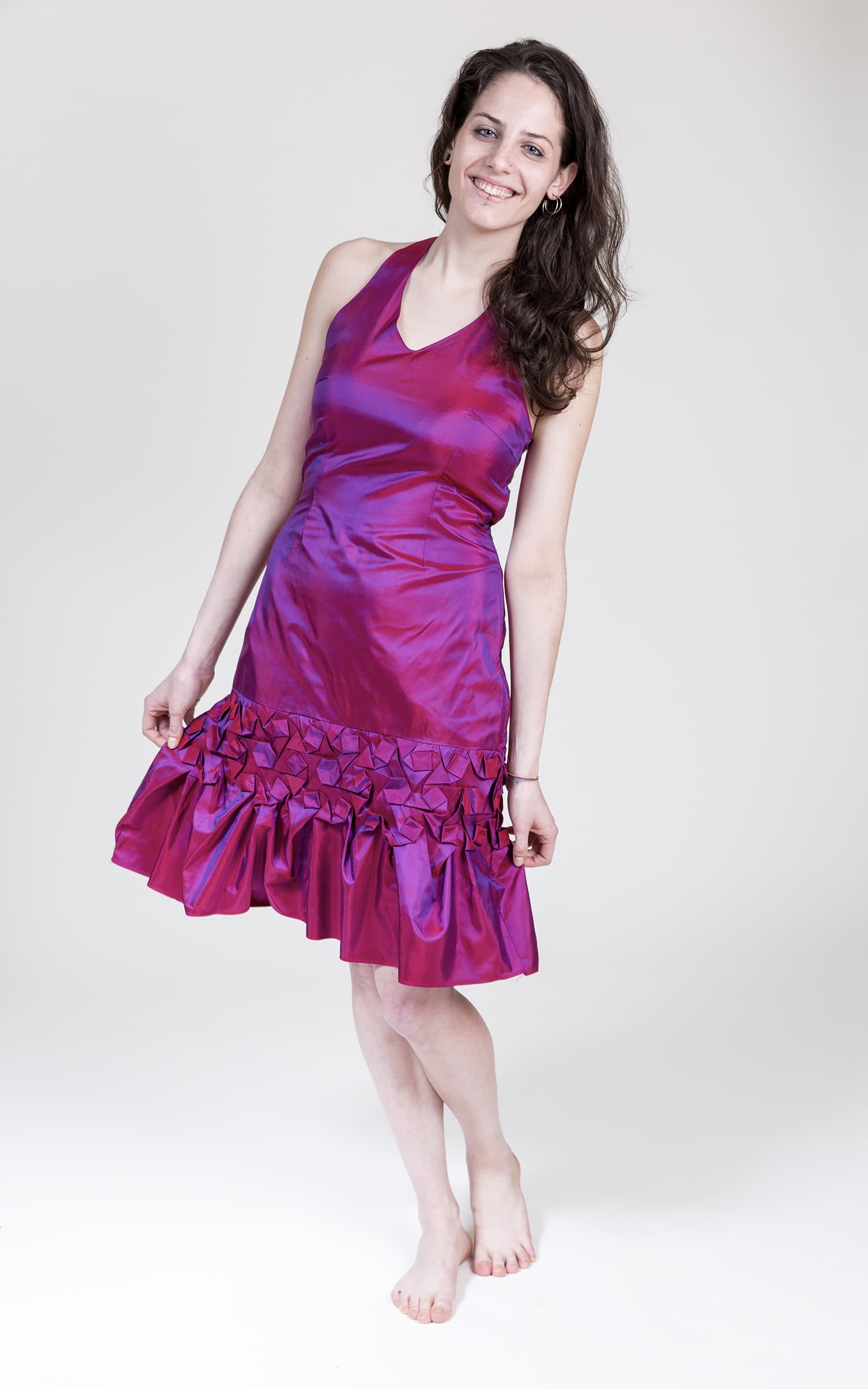 Image for look 'Blue skirt, Lilac gown, Fuchsia gown, Black and golden dress, White shawl, Ocher yellow skirt, Wedding dress, Green top'
