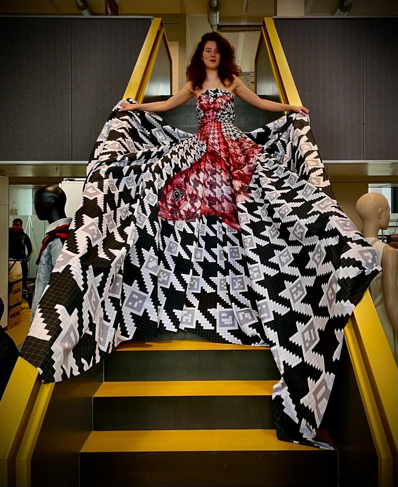 Image for look 'Red Herring dress with Aruco Codes and Pied-de-poule motif based on a seamless cone pattern, Sweater with Aruco Codes and Pied-de-poule motif '